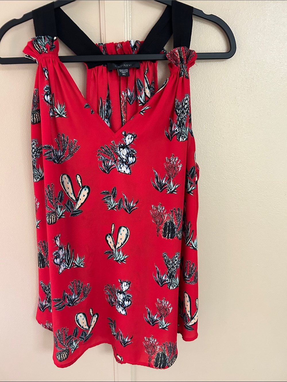 Karen Kane Red Cactus-Print top with Black Straps